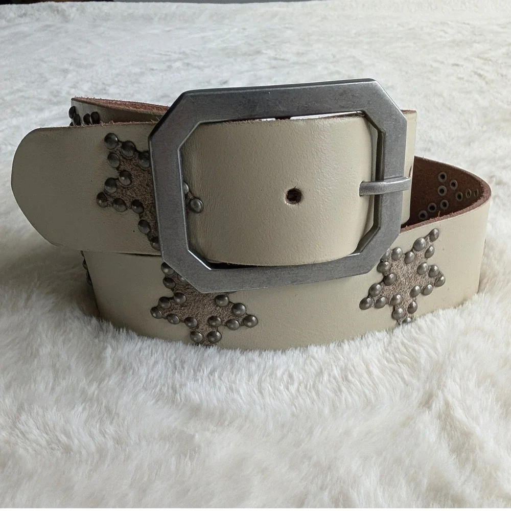 Free People Studded Star Leather Belt Cream Silver Octagon Buckle XS/S